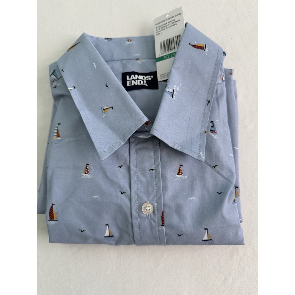lands end button short sleeve mens Light Blue With Multi Yachts New Tags Collard